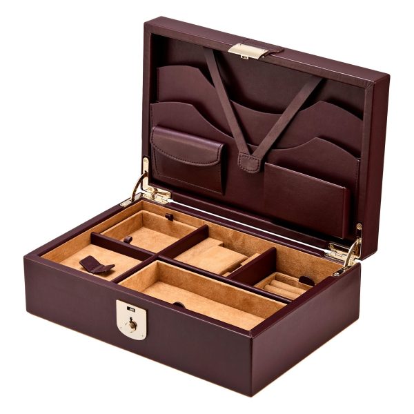 The Wolf 1834 Philipp Watch and Jewelry Lifestyle Box is an open brown leather case featuring multiple compartments and a beige interior. It includes a secure lock and fabric pockets inside the lid for additional storage.