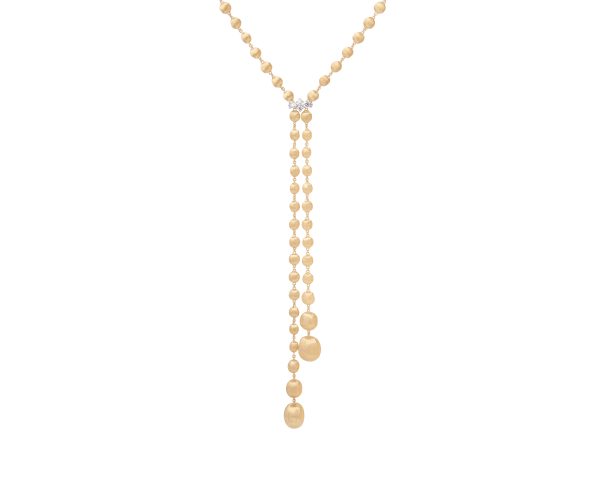 The Marco Bicego Africa Yellow Gold Lariat Necklace with Diamond Pavé Clasp is an elegantly minimalist piece featuring a gold Y-shaped design adorned with small, round beads and two larger bead pendants at the ends. It showcases a cluster of gemstones near the center, all set against a white background.