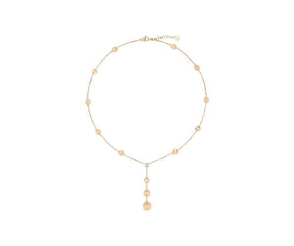 Marco Bicego Yellow Gold Lariat Necklace With Diamonds, showcasing evenly spaced spherical beads and a single bead drop pendant.