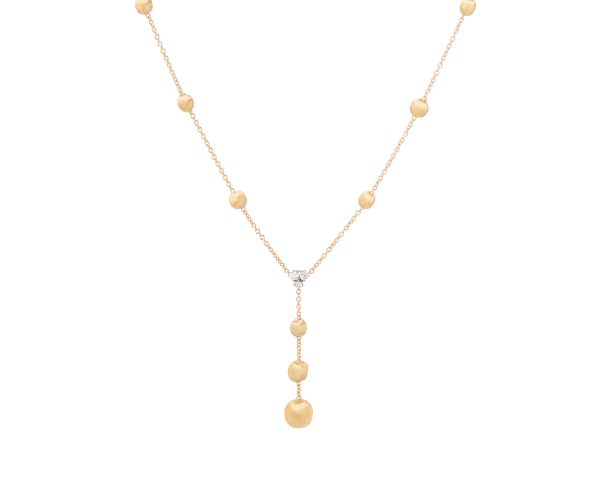 The Marco Bicego Yellow Gold Lariat Necklace With Diamonds showcases a series of evenly spaced spherical beads along its chain, culminating in a drop pendant adorned with three descending gold balls and highlighted by a central small diamond.