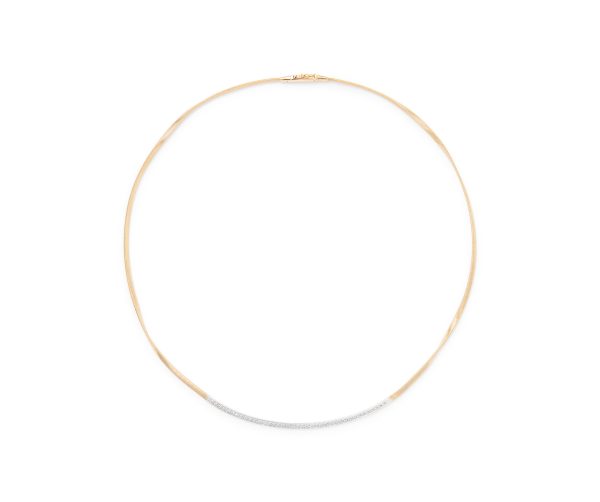 Introducing the exquisite Marco Bicego Marrakech Diamond Bar Necklace, featuring a graceful gold design with a sleek, minimalist aesthetic. This necklace showcases a thin chain adorned with a curved section of shimmering diamond accents, and its clasp is subtly visible at the top. The jewelry piece is beautifully presented against a simple white backdrop.