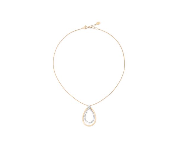 Marco Bicego Masai Yellow Gold Pendant Necklace With Diamonds: A stunning gold necklace featuring a teardrop-shaped pendant with an inner teardrop outline, embellished with small clear gemstones, all elegantly suspended from a delicate chain.