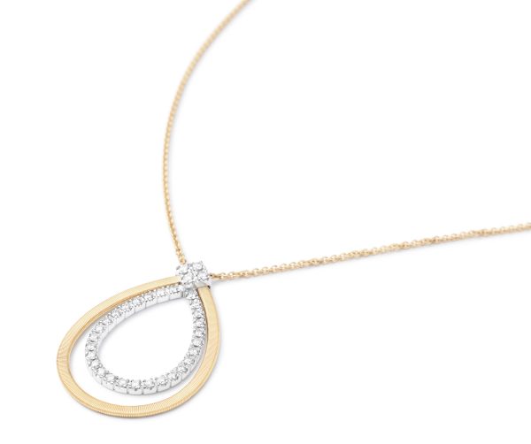 The Marco Bicego Masai Yellow Gold Pendant Necklace With Diamonds features a teardrop-shaped design with two intertwined loops—one in gold and the other adorned with small diamonds—suspended from a delicate gold chain.