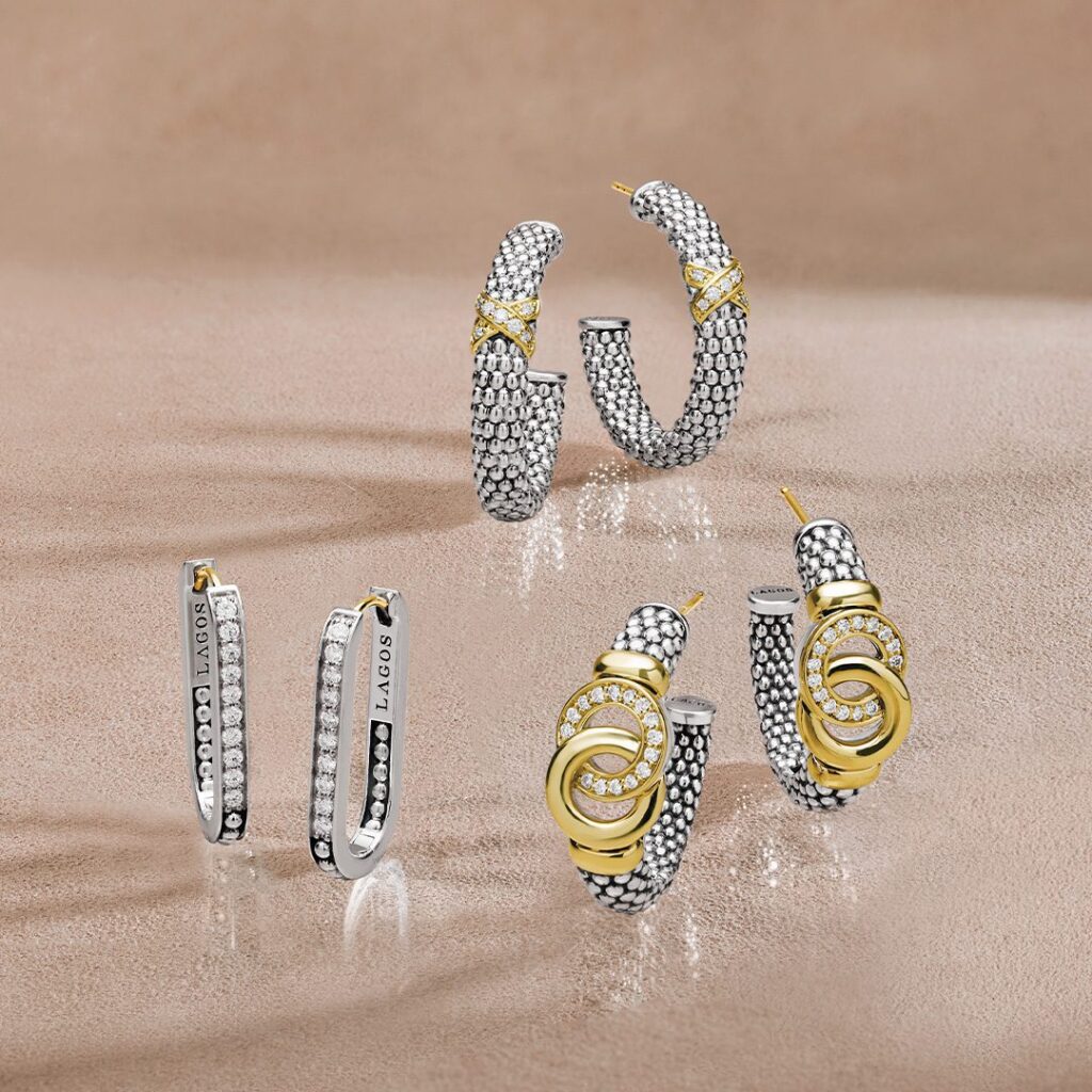 Fine jewelry -  three pairs of 18K gold and sterling silver mixed metal diamond earrings from the LAGOS Collection at Bromberg’s.