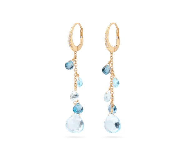 The Marco Bicego Paradise Diamond and Blue Topaz Drop Earrings feature gold hoops adorned with dangling blue topaz gemstones and small diamond accents. The design includes teardrop and round gems in various shades of blue, offering an elegant and sparkling allure.