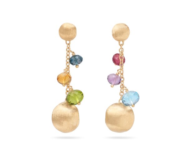 Marco Bicego Africa Mixed Gemstone Drop Earrings feature gold dangle earrings with round studs and chain links, adorned with multicolored gemstones in shades of yellow, blue, purple, green, and pink.