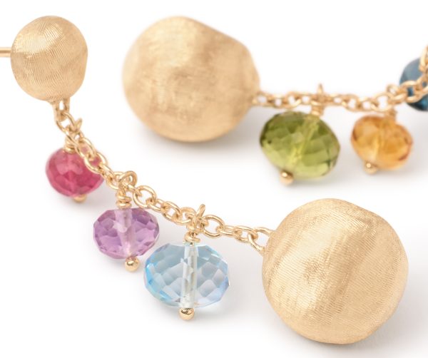 A detailed view of the Marco Bicego Africa Mixed Gemstone Drop Earrings, showcasing their gold-textured design and dangling multicolored gemstone beads in blue, pink, green, yellow, and purple. The gemstones are elegantly connected with delicate gold chains for a vibrant and sophisticated accessory.