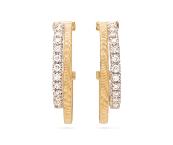 The Marco Bicego Masai Yellow Gold Double Hoop Earrings with Diamonds are elegantly designed with a single row of sparkling white diamonds along the front. The earrings are photographed from a side angle against a plain white background.