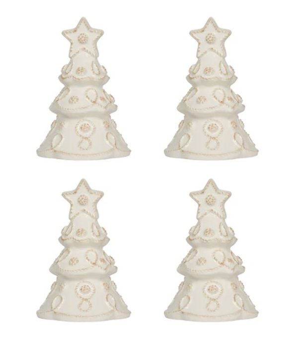 A set of four Juliska Berry and Thread Tree place card holders, each featuring a layered ceramic Christmas tree design adorned with circular patterns and topped with a star, is displayed against a plain white background.