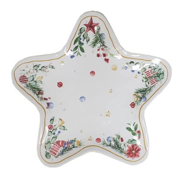 The Skyros Estrela Star Platter is adorned with festive Christmas designs, showcasing red, green, and gold decorations. It includes pine branches, berries, ornaments, and a star at the top, all elegantly bordered by a thin gold line.