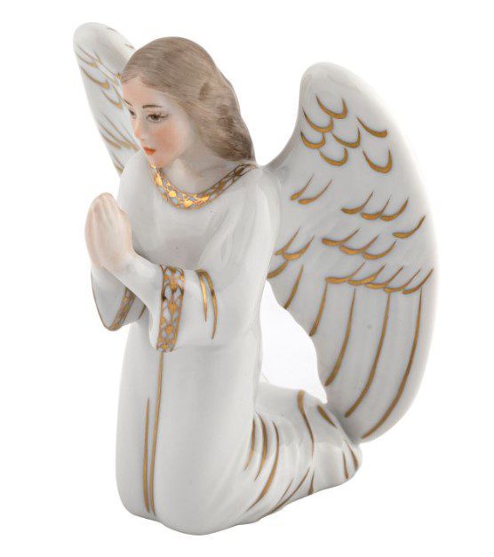 Herend Nativity Angel Figurine featuring a porcelain angel kneeling in prayer, with flowing long light brown hair and elegant gold detailing on its wings and clothing.