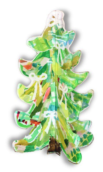 The Lauren Dunn Jubilee Acrylic Holiday Tree - Large features a festive arrangement of vibrant green adorned with subtle red and yellow accents, complete with white ribbon designs and a shadow effect on a crisp white background.