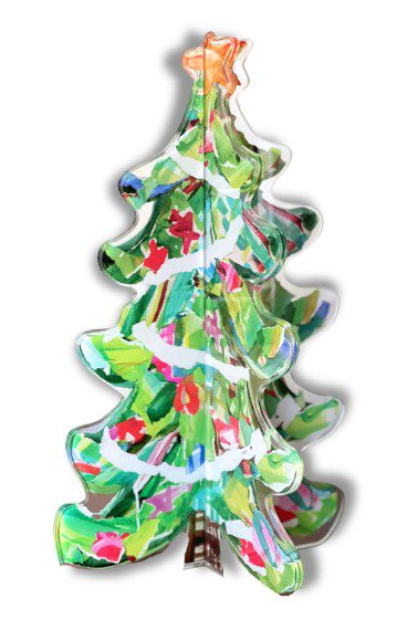 Introducing the Lauren Dunn Sparkle Plenty Acrylic Tree, a stunning artistic Christmas tree illustration featuring vibrant green hues. This tree is beautifully adorned with red ornaments and white garland, topped with an orange star, and has a glossy, reflective surface that enhances its colorful charm.