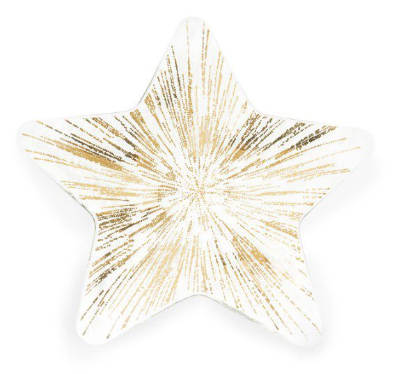 Introducing the Annieglass Starburst Plate: a white star-shaped ceramic piece featuring a stunning radiant gold pattern radiating from the center, perfect for creating a sparkling and festive atmosphere.