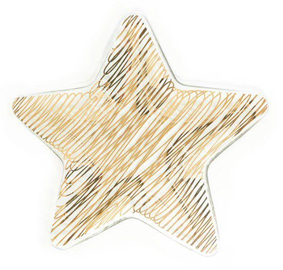 The Annieglass Stellar Gold Star features a star-shaped design with an intricate pattern of irregular, swirling brown lines in various shades across its white base, giving it a textured and artistic look against the plain white background.