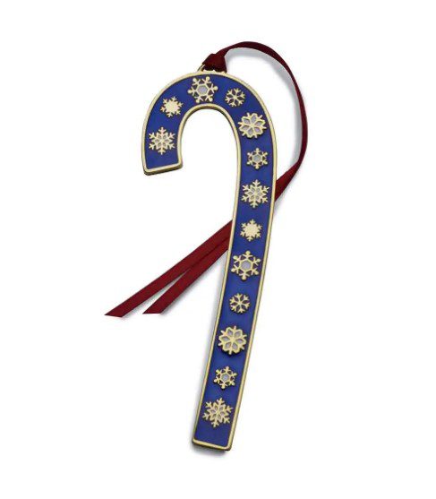 The Wallace 2024 Candy Cane Ornament - 44th Edition is designed with a blue background decorated with gold snowflakes and comes with a red ribbon loop for easy hanging.