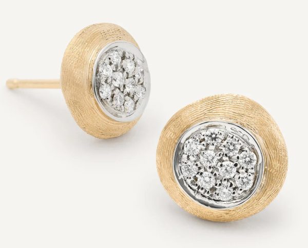 The Marco Bicego Jaipur Gold Diamond Stud Earrings showcase an elegant design with a textured gold rim surrounding clusters of radiant diamonds arranged in a circular motif.