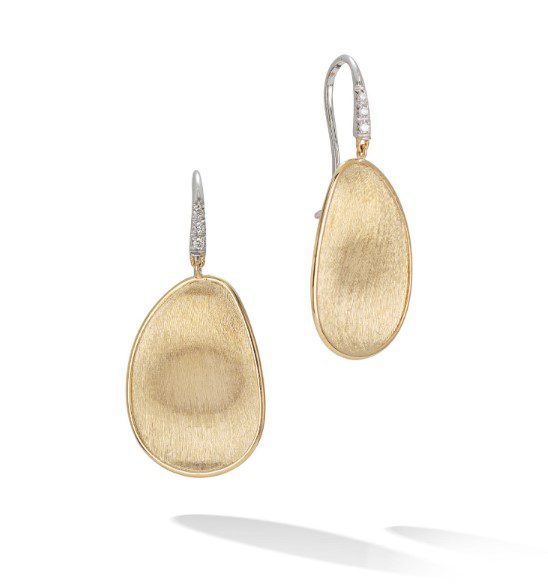 The Marco Bicego Lunaria Petal Drop Earrings are an elegant pair featuring gold teardrop designs with textured surfaces and silver hooks, each embellished with small gemstones. They cast subtle shadows on a plain white background.