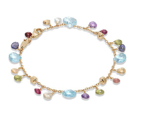 Introducing the Marco Bicego Paradise Single-Strand Gemstone Bracelet, a delicate gold bracelet featuring an array of light blue, purple, green, and pink gemstones elegantly arranged along a thin chain with a clasp.