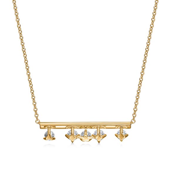 Introducing the Hearts on Fire Barre Floating Diamond Pendant Necklace, a sophisticated gold necklace with a horizontal bar pendant adorned by five anchor-shaped charms. Each charm features a small diamond accent, adding a sparkling touch. The delicate chain perfectly complements the elegance of the pendant.