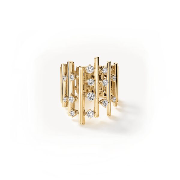 The Hearts on Fire Barre Multi-Row Diamond Ring showcases an intricate design with vertical bars embellished with small, sparkling diamonds. Arranged in a staggered pattern, the bars contribute to the ring's modern and elegant appearance, all set against a plain white background.