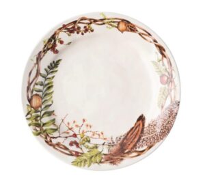 The Juliska Forest Walk Dinner Plate, decorated with woodland elements, perfect to compliment any Thanksgiving tableware set.