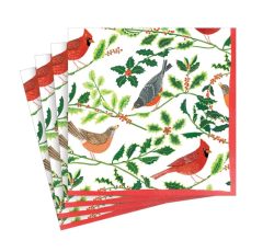 Caspari Songbirds and Holly Paper Napkins in White - Cocktail