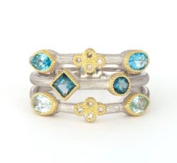 JudeFrances Mixed Metal Three Row Ring with Alternating Diamonds and Blue Topaz