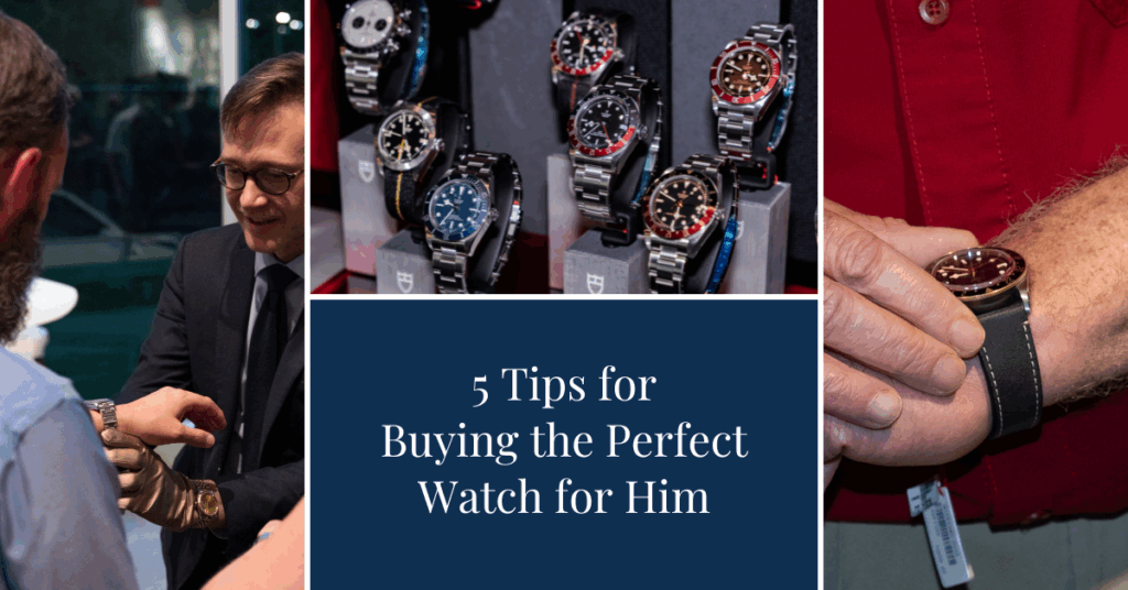 Collage showing a Bromberg jeweler fitting a watch on a customer, a display of luxury men’s watches, and a wrist close-up.