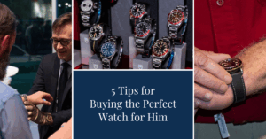 Collage showing a Bromberg jeweler fitting a watch on a customer, a display of luxury men’s watches, and a wrist close-up.