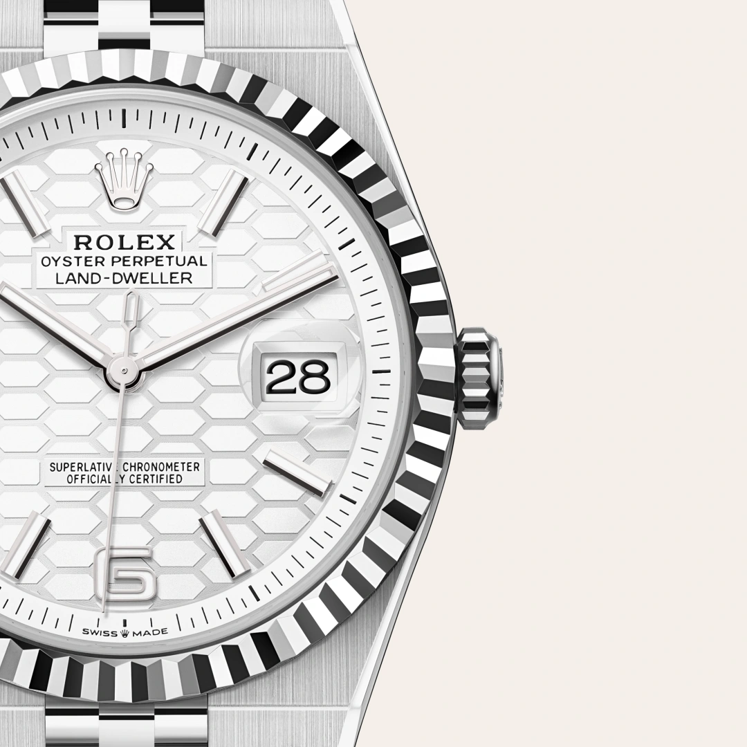 rolex Land-Dweller in White Rolesor - combination of Oystersteel and white gold, M127334-0001 - bromberg's