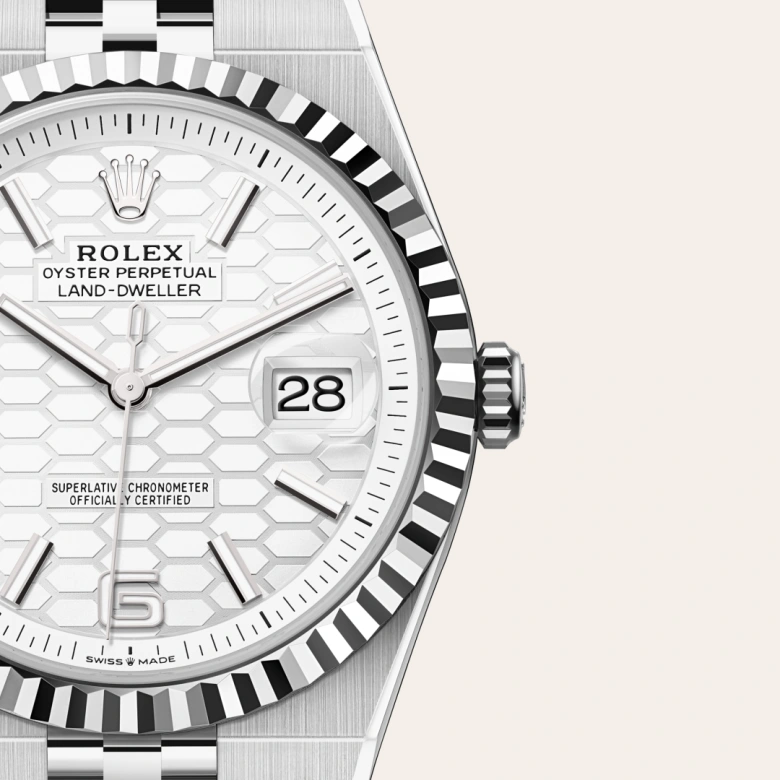 rolex Land-Dweller in White Rolesor - combination of Oystersteel and white gold, M127334-0001 - bromberg's