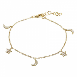 14K Yellow Gold Diamond Moon And Star Charm Bracelet